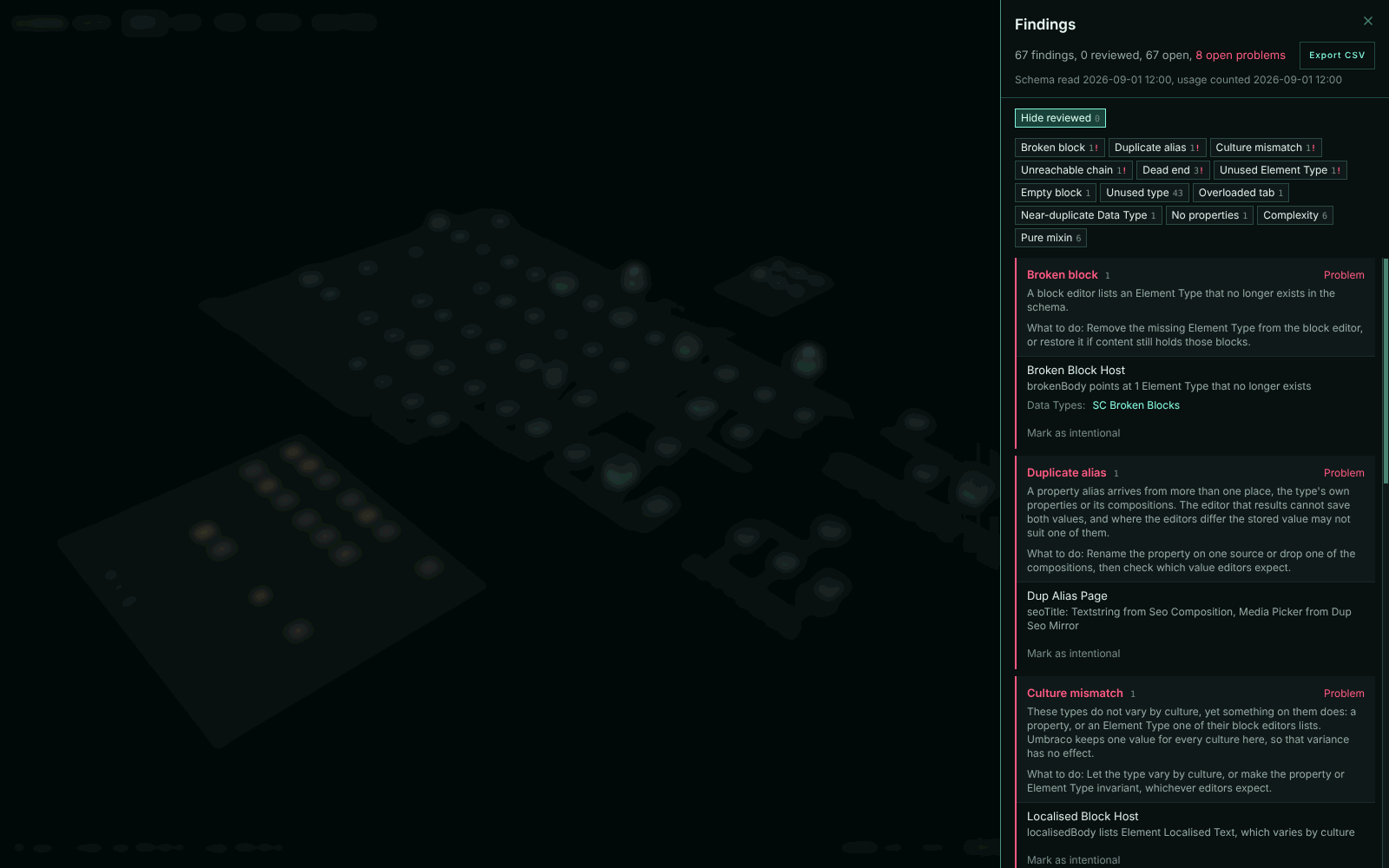 Findings grouped by kind, broken blocks and duplicate aliases first