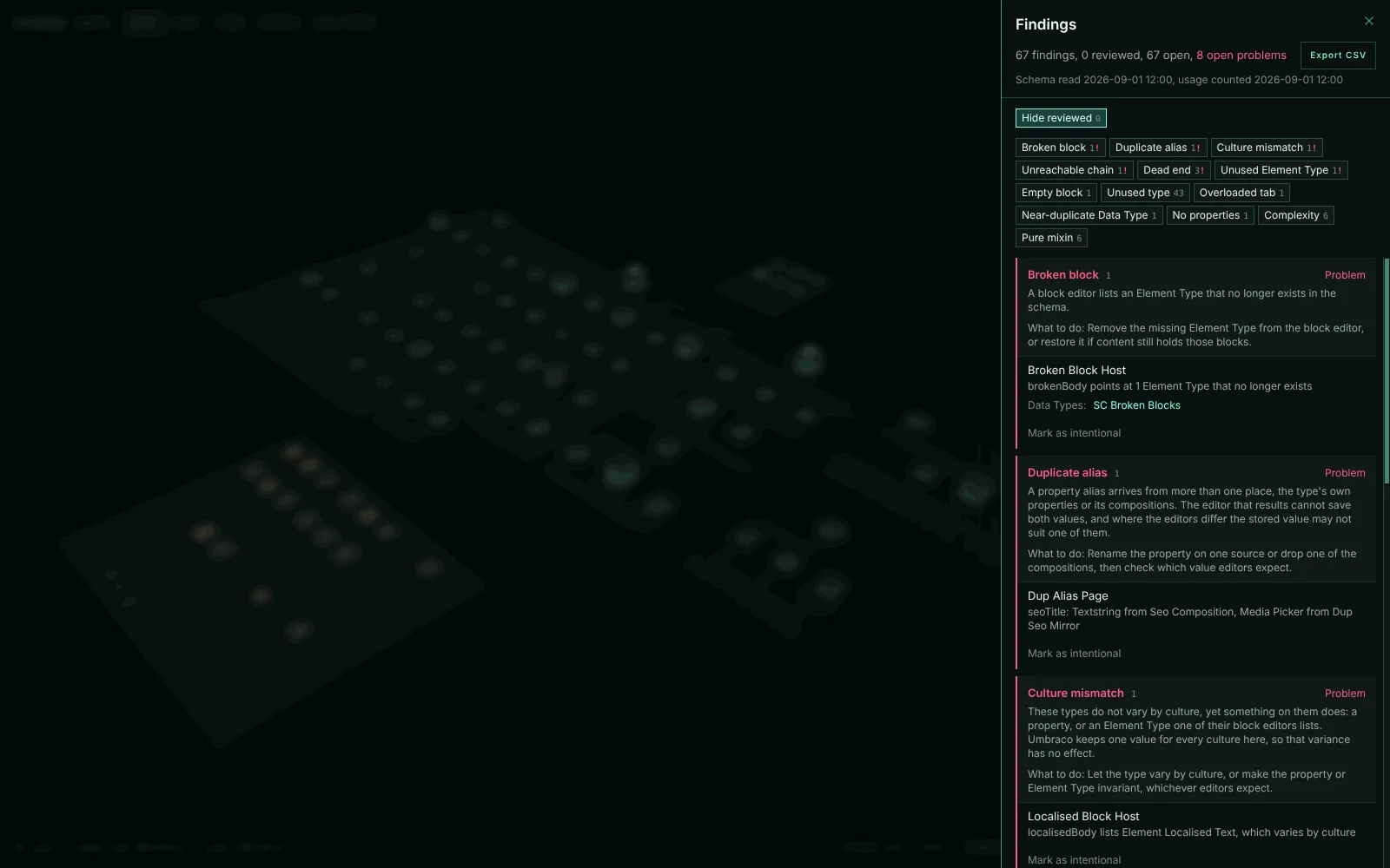 Findings grouped by kind, broken blocks and duplicate aliases first, each row naming its own evidence.